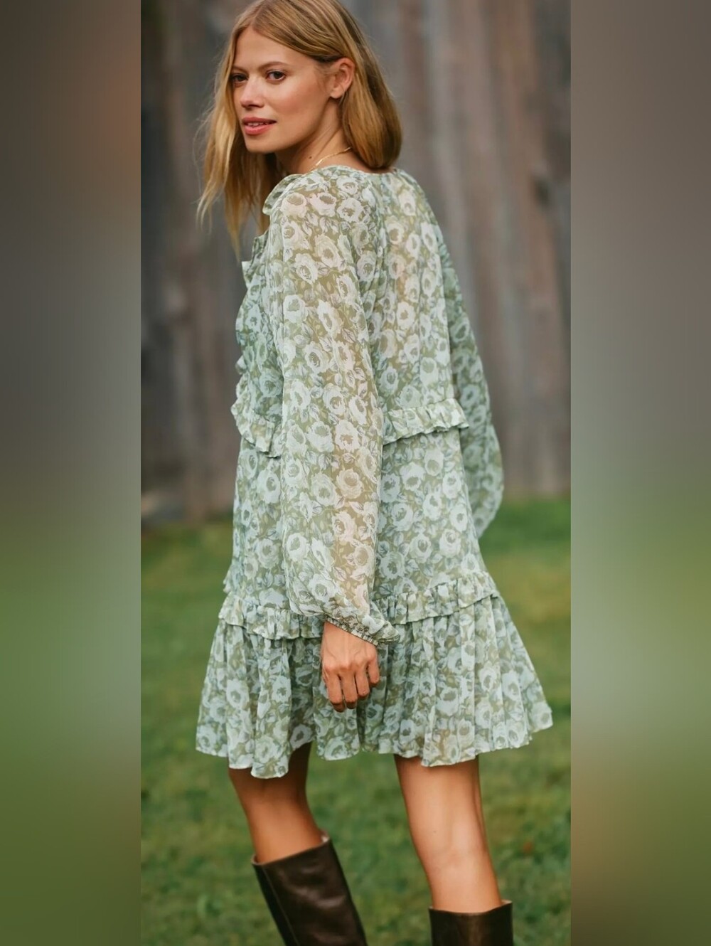 Anthropologie Floral Ruffle Long Sleeve Mini Dress - Picture 2 of 5